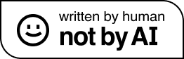 A sticker with a smiling face icon and text saying "written by human, not by AI.