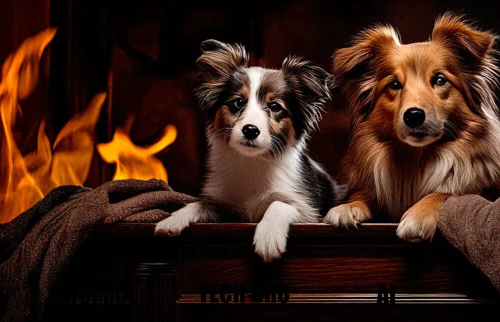 Two dogs resting their front paws on a wooden surface with flames and brown towels visible in the background.