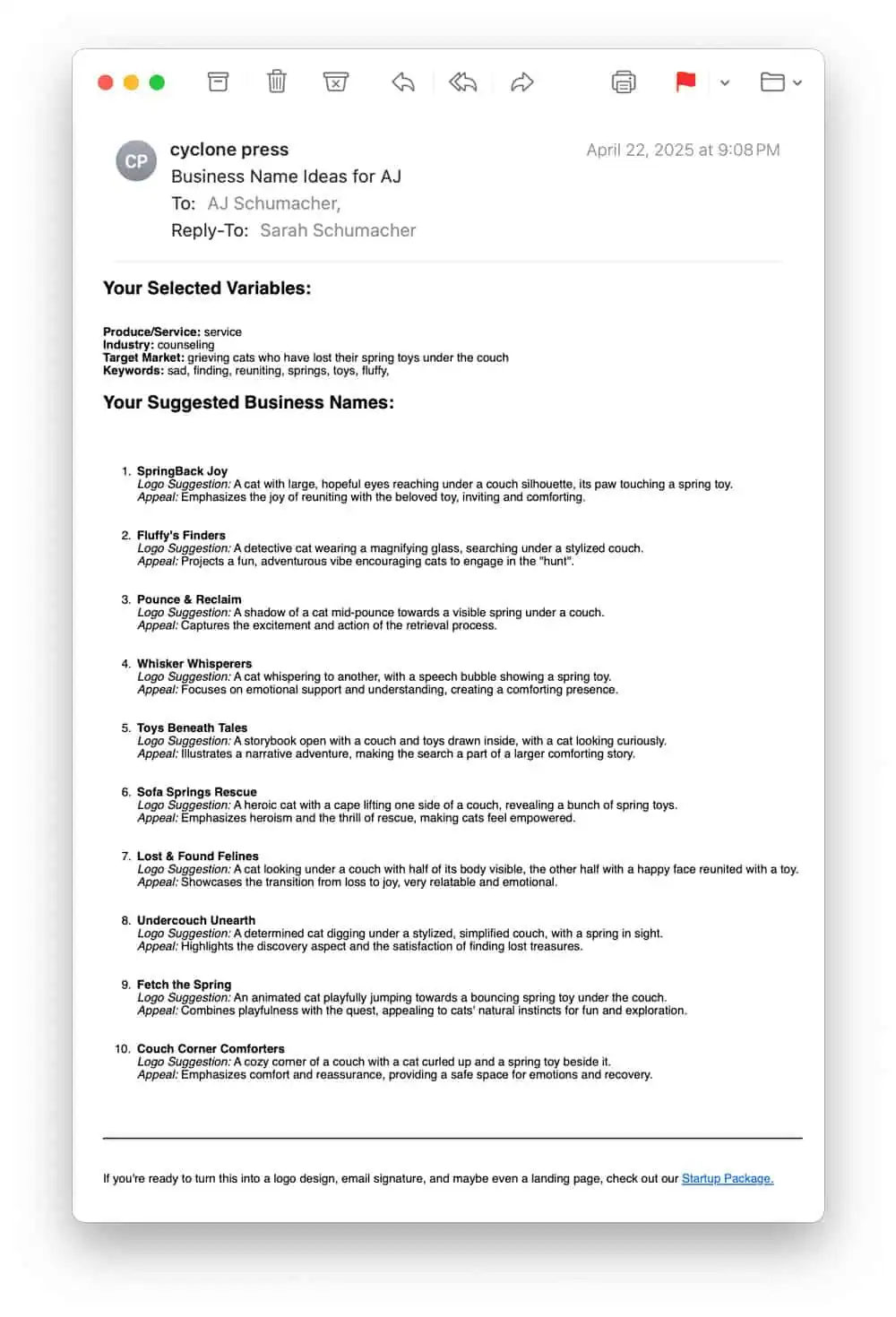 Screenshot of an email with Business Name Generator results for a fake cat spring toy finder company, with a list of ten names such as SpringBack Joy, Sofa Springs Rescue, and Couch Corner Comforters.