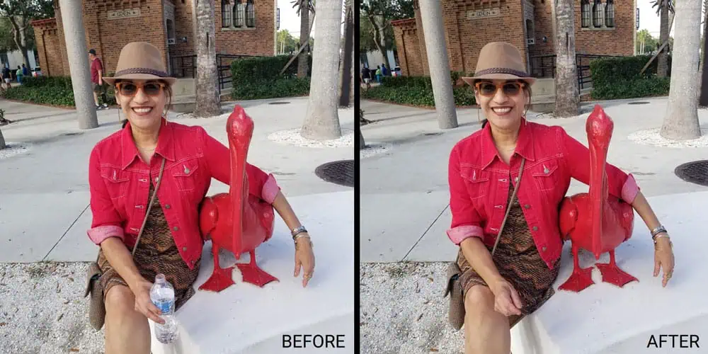 Split image labeled "BEFORE" and "AFTER" showing a woman sitting next to a red bird statue; in the "AFTER," the water bottle in her hand is removed.